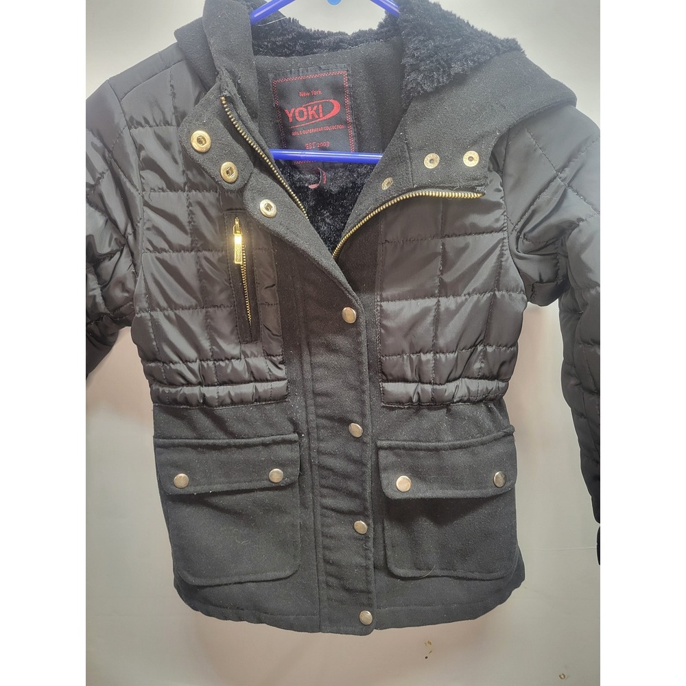 Girls Black Yoki New York Puffer Wool Blend Jacket Coat‎ Hooded Gold Buttons